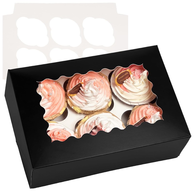 20 Pcs 9.4×6.1×3 Inch Black 6 Count Cupcake Carrier Boxes With Clear Window