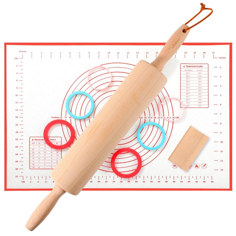 WitHlper Beechwood Rolling Pin Set with 6 Thickness Rings, Non-Slip Silicone