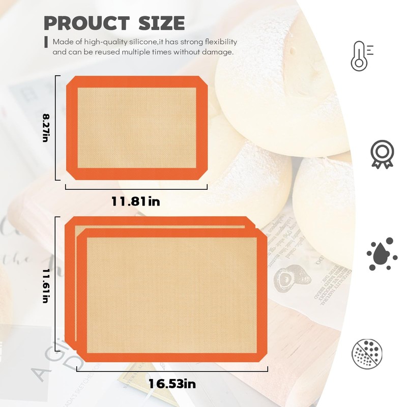 Silicone Baking Mat Set of 3, 3 Pcs (2 Half & 1 Quarter Sheets), Orange gallery