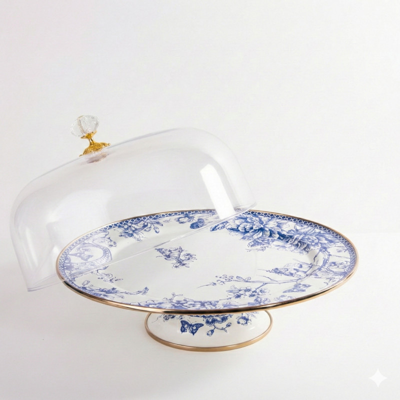 Blue and White Toile Cake Stand with Glass Dome & Gold Rim