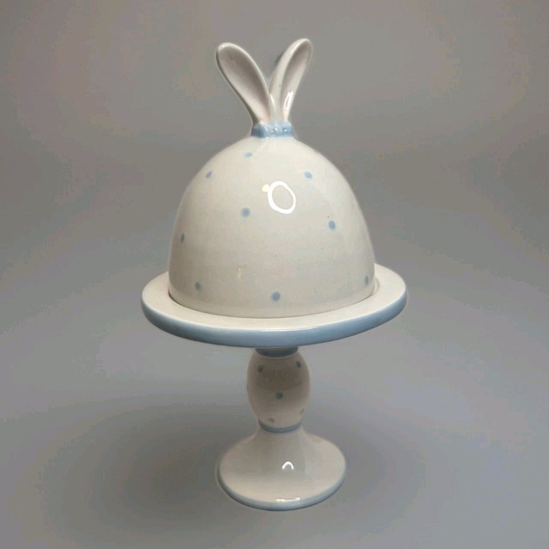 Pedestal Stand Dome Valerie Parr Hill Small Bunny Ears Serving Blue Dots Ceramic