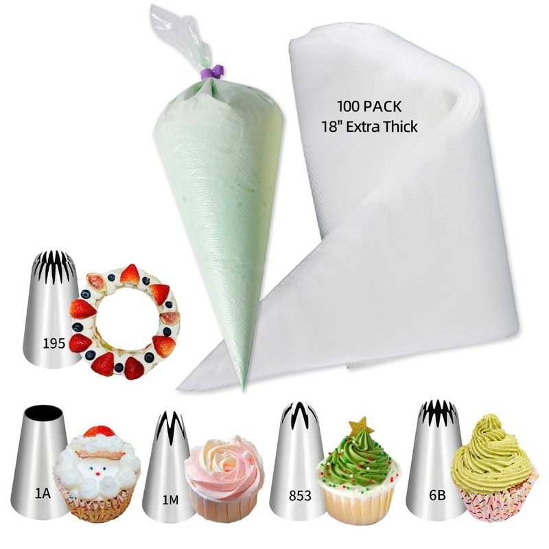 18 Inch Large Piping Bags and Tips 18inch -100 Pack+5 Tips, Silver