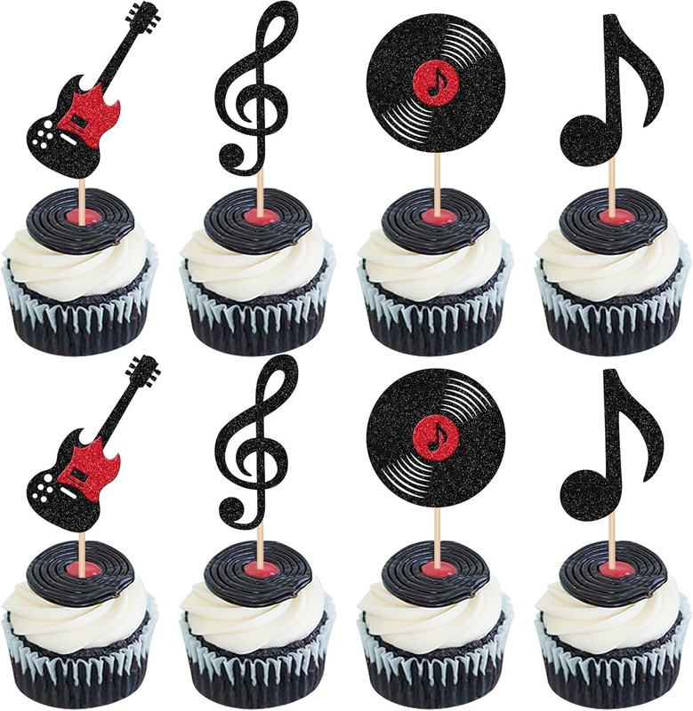 24 PCS Music Notes Cupcake Toppers Glitter Guitar Rock Cupcake Picks Vinyl