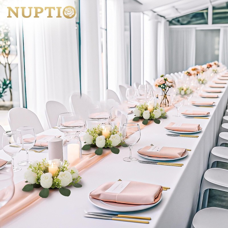 NUPTIO 9.05" White Artificial Rose Flower Wreath for Table Centerpieces, 6-Pack gallery