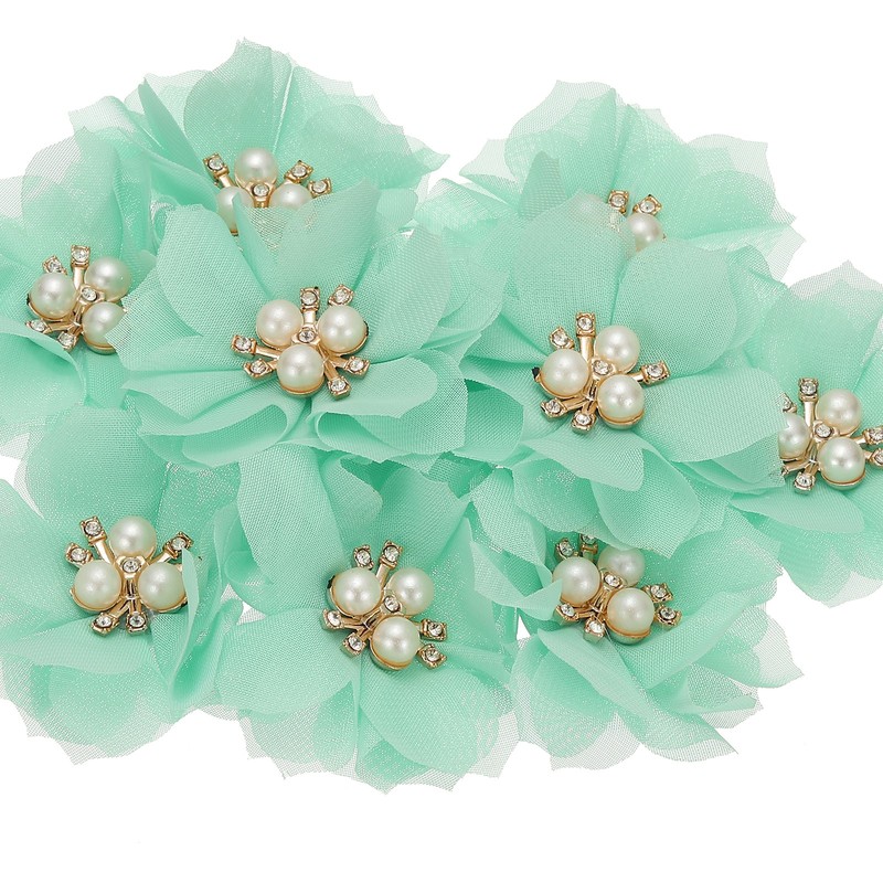 2.36 Inch Rhinestone Chiffon Flower, 10 Fabric Appliques, Grass Green