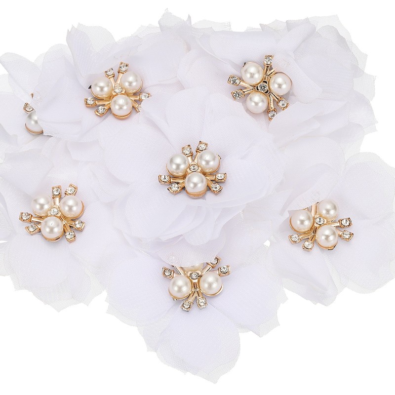 2.36 Inch Rhinestone Chiffon Flower, 10 Pcs Fabric Appliques, White