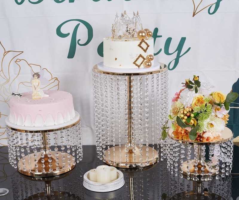 Gold Cake Stand Set of 3, Metal Mirror Cake Stand Cake Pedestal With Crystal ... gallery