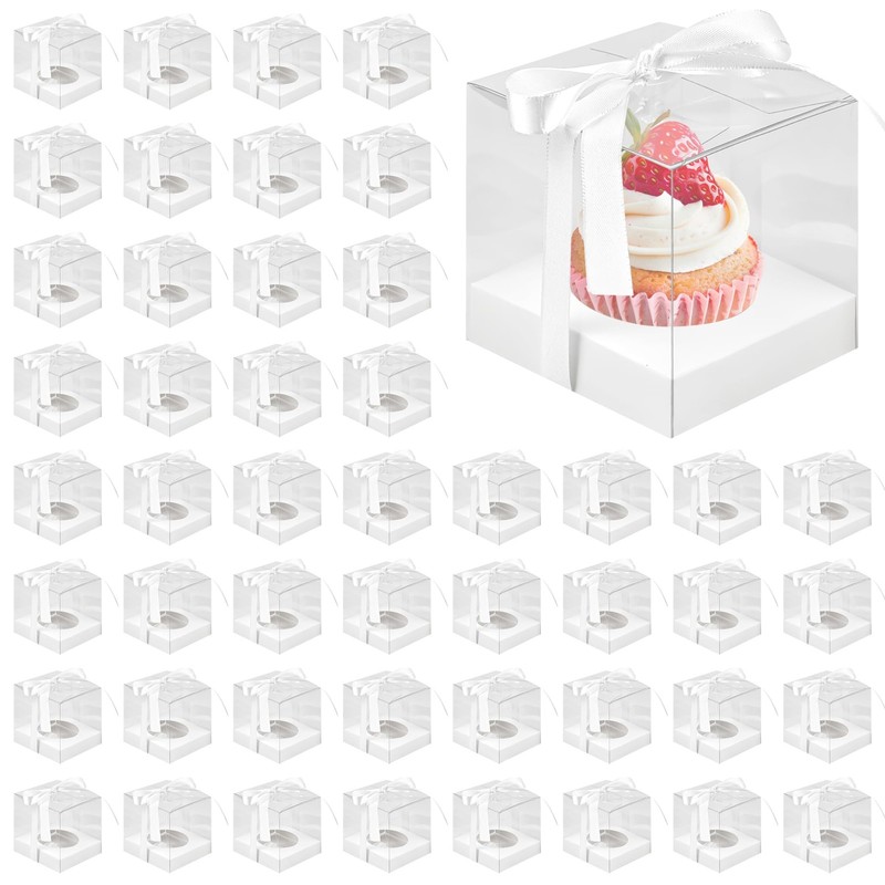 60 PCS 3.5 Inch Clear Individual Cupcake Boxes Plastic Single Container White