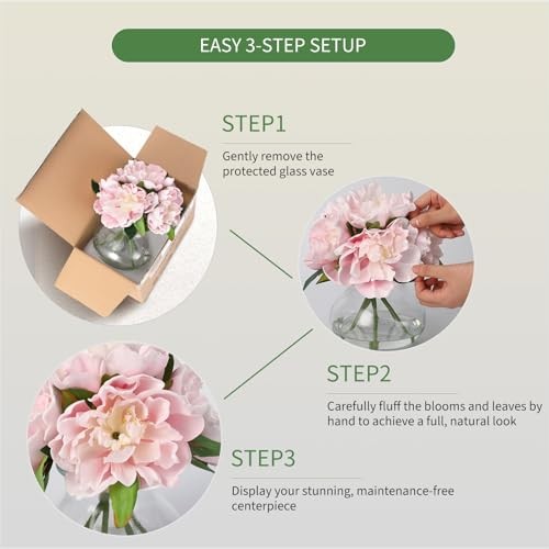 Peonies Artificial Flowers with Glass Vase, Silk Faux Peony Flower Pink gallery