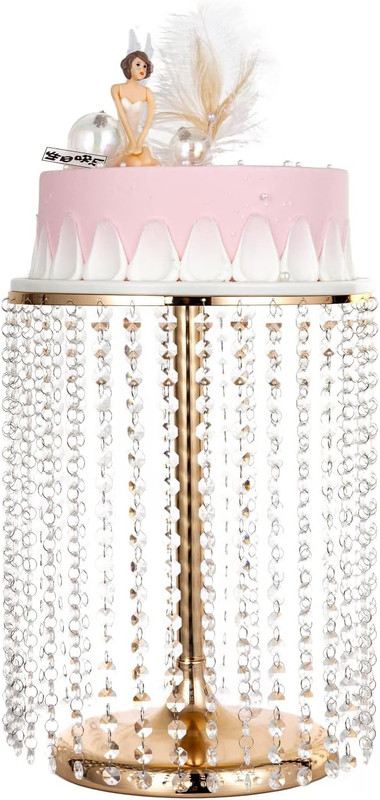 Round Metal Cake Stand with Crystal Pendants and Beads, 12 Inch Silver Cake Deco
