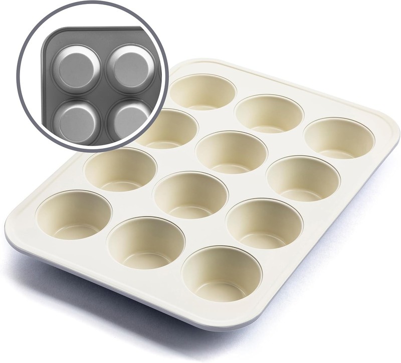 GreenLife 12-Cup Muffin Pan, Healthy Ceramic Nonstick 12 Cup Baking Gray