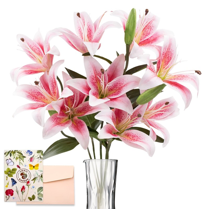 SNAIL GARDEN 12 Artifical Lily Flowers with 9 Heads 20 inches, Pink & White