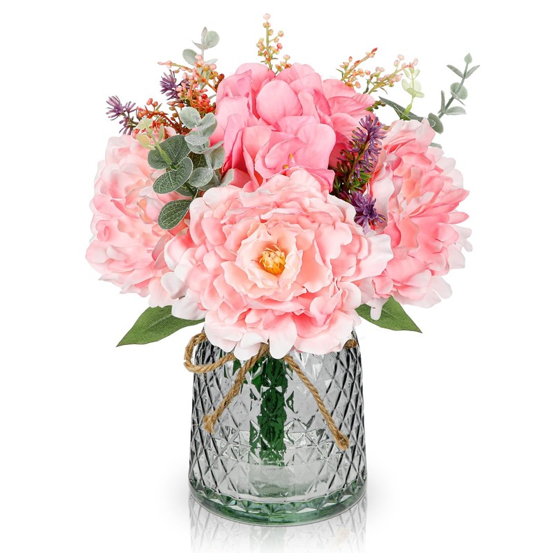 Briful Faux Flower Arrangements Artificial Peony Hydrangea Silk Flowers Glass