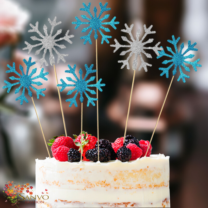 10 X GLITTER SNOWFLAKE CAKE CUPCAKE TOPPERS BLUE & SILVER SNOWFLAKE CAKE TOPPERS gallery