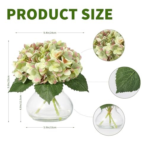Green Faux Hydrangea Flowers with Glass Vase, Silk Artificial Hydrangea Green gallery