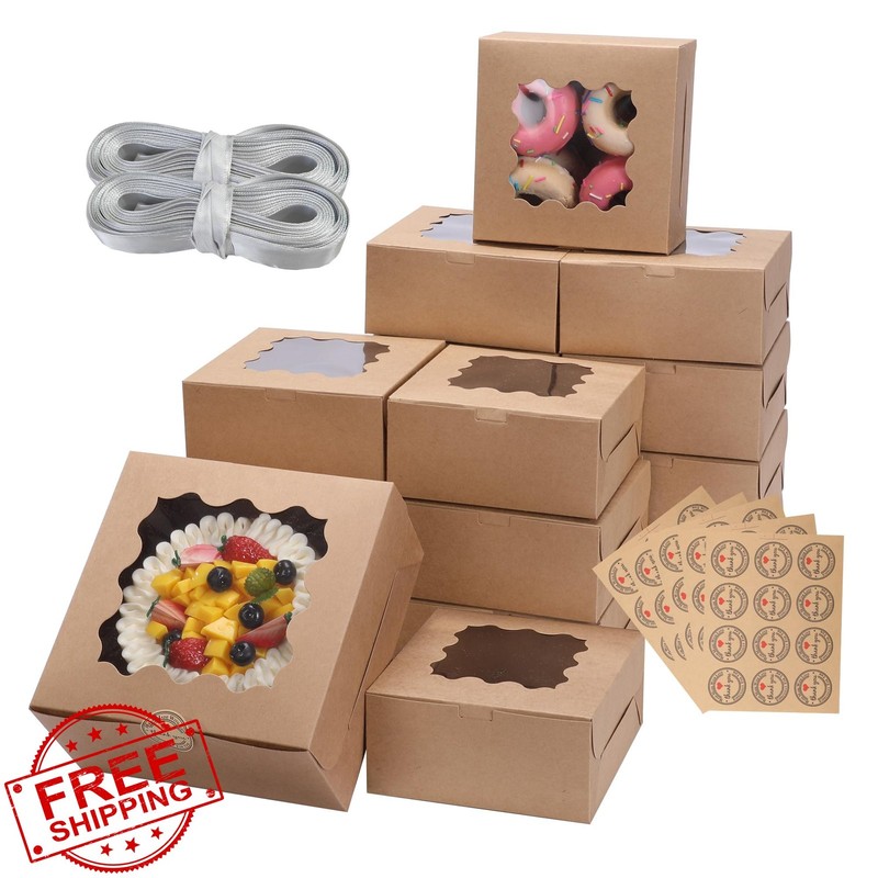 Momodelli 48pc Brown 4x4x2.5″ Bakery Boxes with Window Treat Pastry Cookie