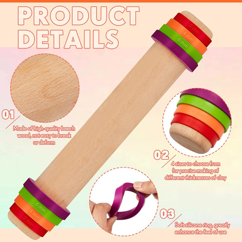 Adjustable Rolling Pin with Thickness Rings 12 Inch Wood Rolling Pin Wooden roun gallery