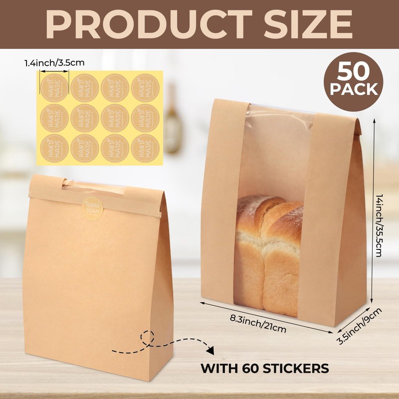50 Pack Large Kraft Paper Bread Loaf Bag with Clear Front Window,Tin Tie Tab ... gallery