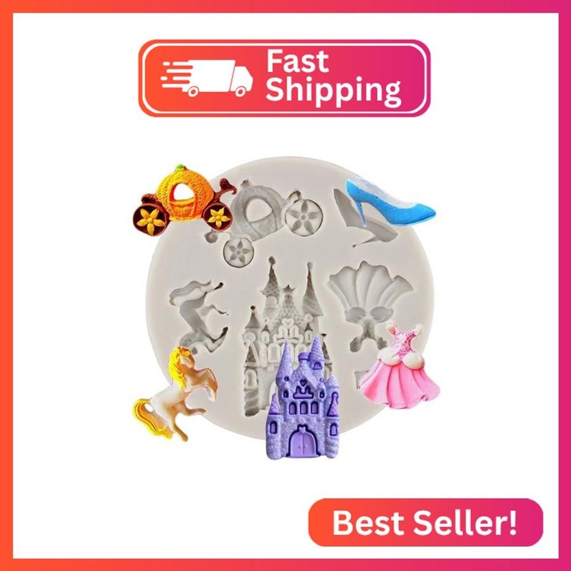 MINFEIDMS Cinderella Fondant Mold Castle Princess Dress Crystal Shoes Silicone M
