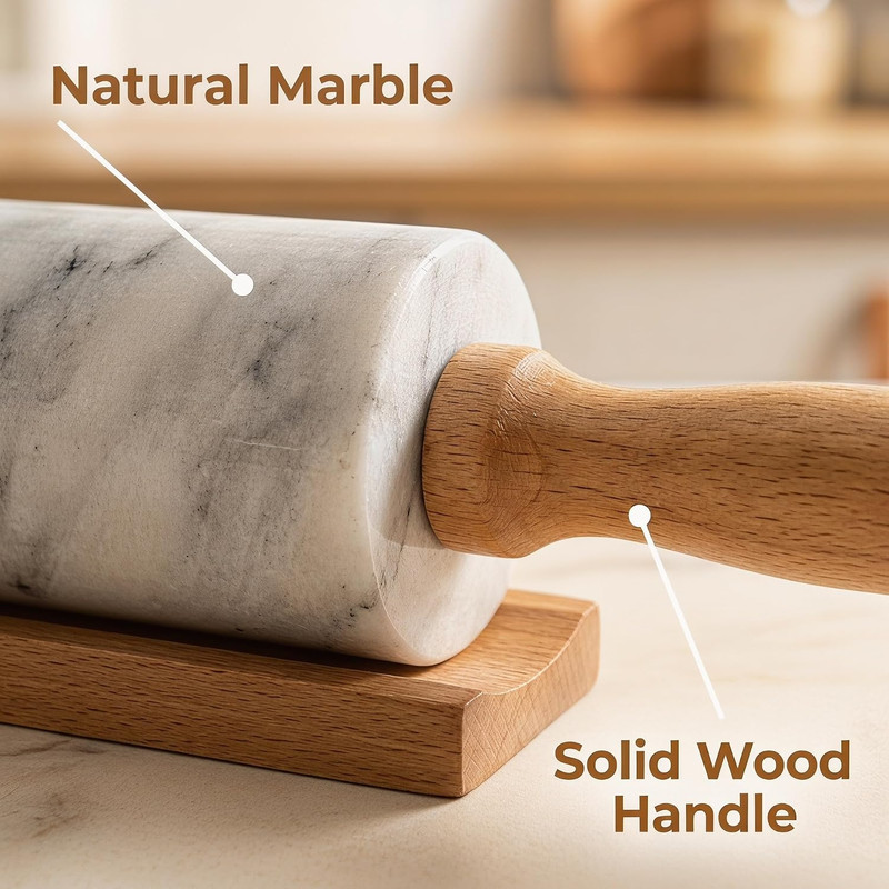 White Marble Rolling Pin for Baking 10inch Barrel，Dough Roller | With Wooden Han gallery