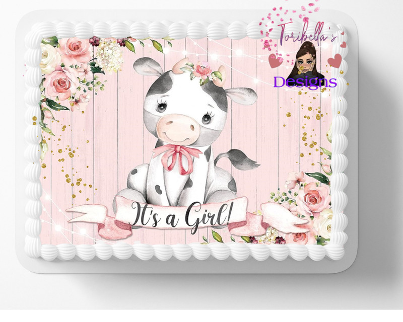 It's A Girl Pink Baby Cow Print Edible Image Edible Cake Topper DIY Cake 03