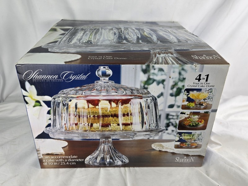 NEW Stratford Shannon Crystal Glass Godinger Crystal Pedestal Cake Dome 4 in 1