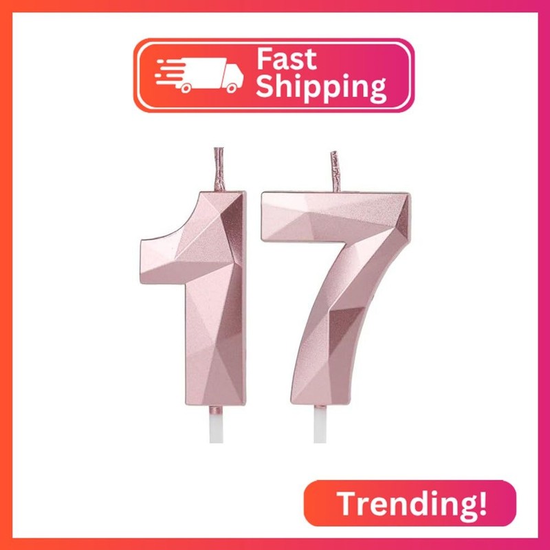 Number 17 Candles, 17th Birthday Candles, Rose Gold Happy Birthday Candle for Ca
