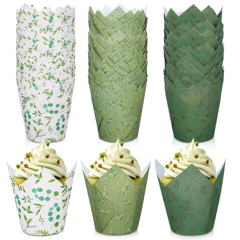 Whaline 180Pcs Greenery Tulip Cupcake Liners Eucalyptus Olive Leaf Muffin Bak…