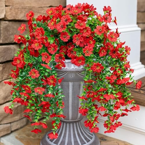 Artificial Hanging Flowers for Outdoors Decoration, 2Pcs Fake Spring Red gallery