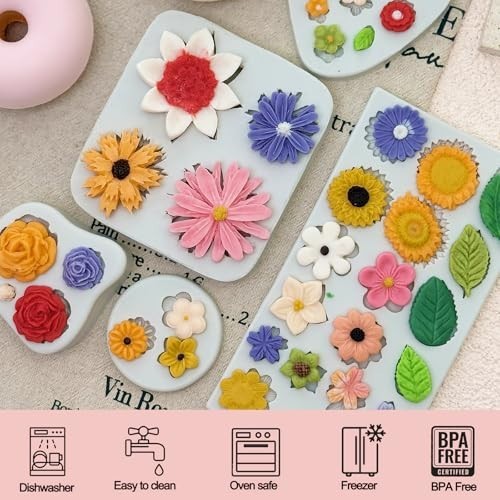 5Pcs Flower Silicone Molds for Cake & Cupcake Decorating - Daisy, Rose, Sunflowe gallery