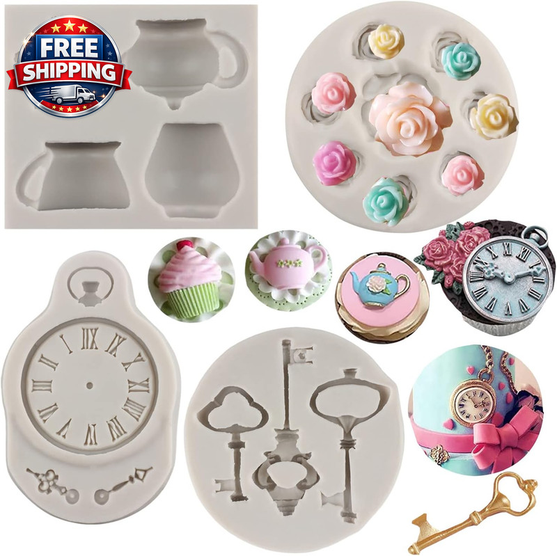 Tea Party Cake Molds Teapot Tea Cup Fondant Mold Vintage Key Clock Rose Flower S