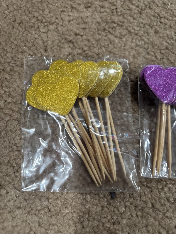Heart Cake Toppers- 10 Of Each Color Gold, Red, Purple