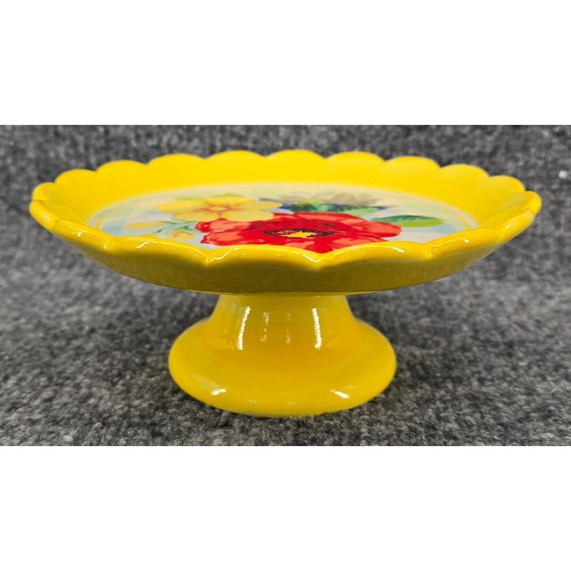 The Pioneer Woman Delaney Pedestal Stand 8" Yellow Floral Scalloped Ceramic gallery