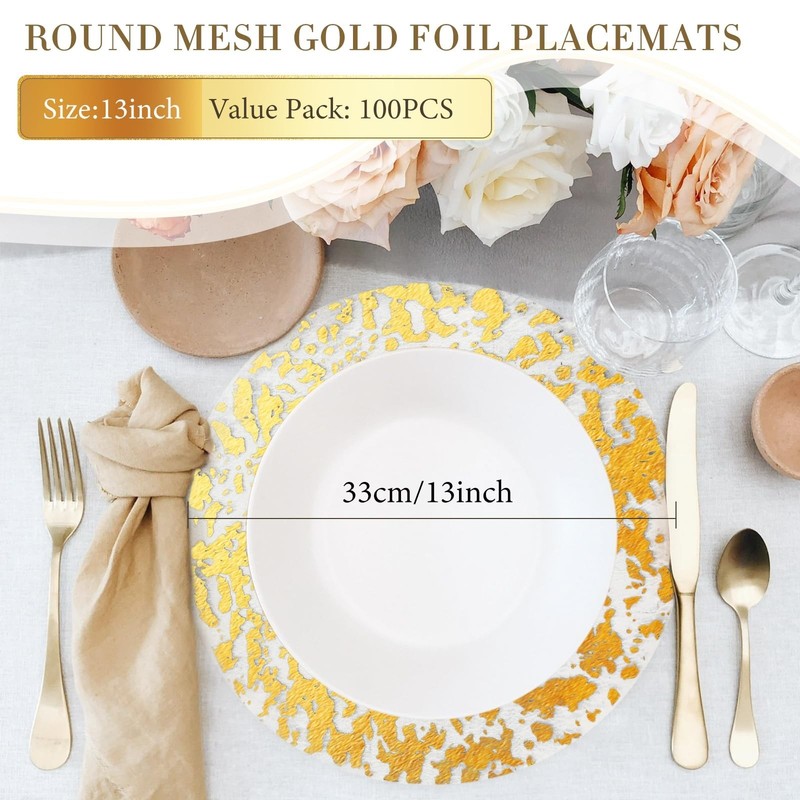 KesaPlan 100 PCS Disposable Gold Placemats Set, 13" Metallic Round Doilies fo... gallery