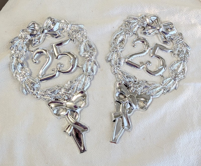 Vintage (Wilton?) 25th Anniversary Cake Toppers Silver Color Plastic