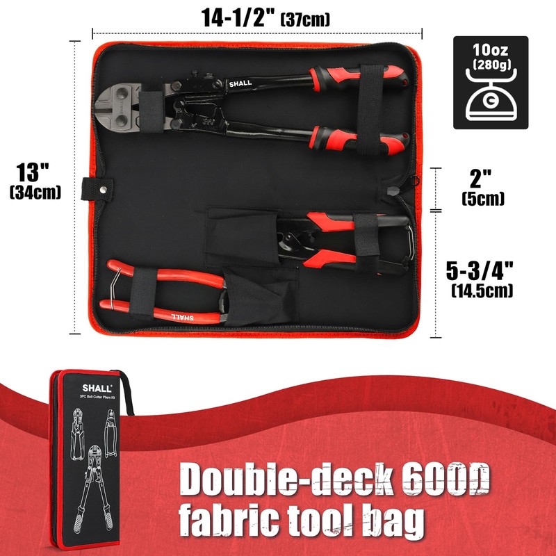 SHALL 3pc Bolt Cutter Set: 14" Heavy Duty, 8" Mini, 8" Wire Rope Cutters w/Case gallery