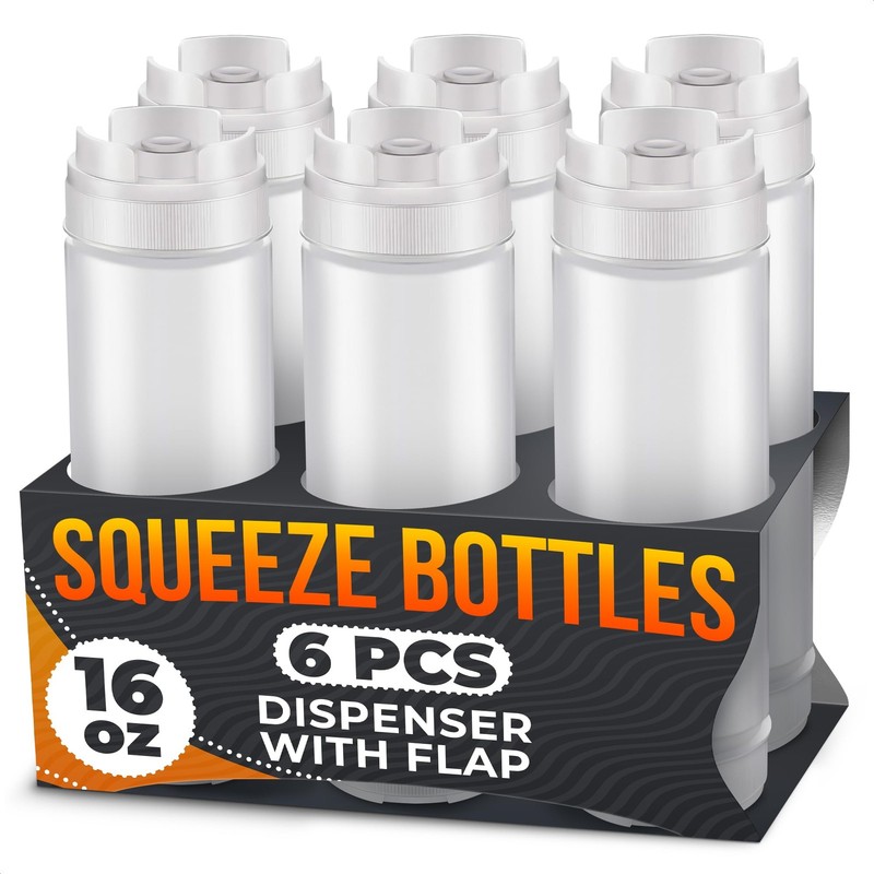 Set of 6 Inverted Condiment Squeeze Bottles 16 oz – Upgraded Design with Adde…