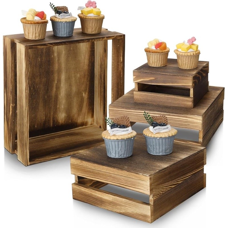 Wood Cake Stand Set Tiered Natural Wood Display Holder Perfect Vintage Decor New
