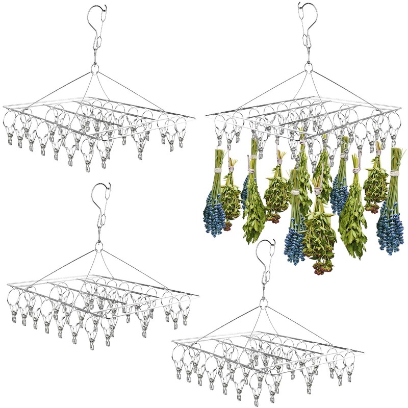 4 Pack Hanging Herb Drying Rack, Stainless Steel with 30 Hooks – Space Saving…