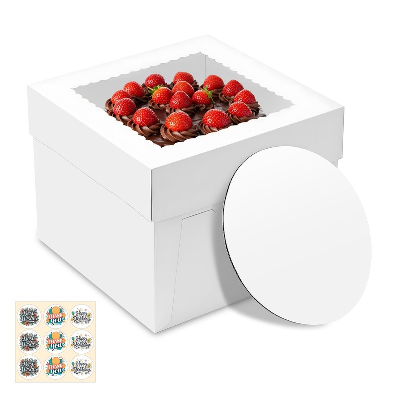 15 PCS 10x10x8 Inch Tall Cake Boxes Window Boards White Square Bakery Pastry