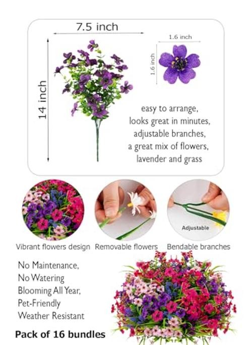 Artificial Flowers for Outdoors, 16 Bundles 14 Mix White Purple Pink Lavander gallery