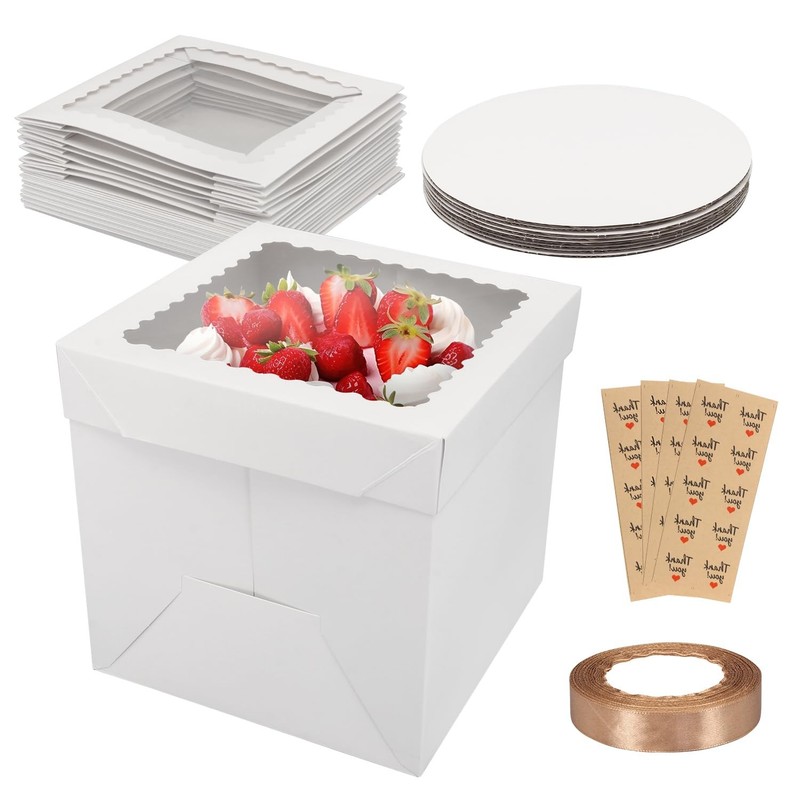 White Cardstock Square Cake Boxes Window Multi Layer Bakery Box 8x8x8 In 10P gallery