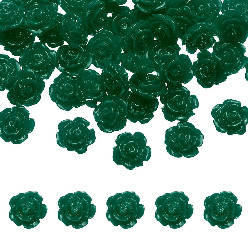 50 Pcs Dark Green Resin Rose Flower Beads, 10mm Flatback Flower Charm