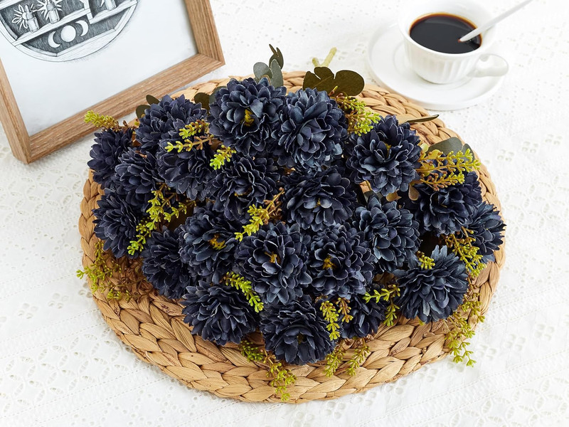 18 Heads Blue Black Artificial Chrysanthemum Flowers Fake Mums Blue Black Kiku G gallery