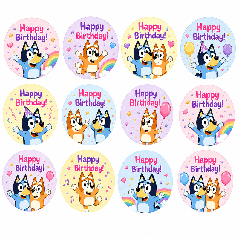 Set of 12 Blue Birthday , edible wafer paper image rounds, choose size PRE CUT