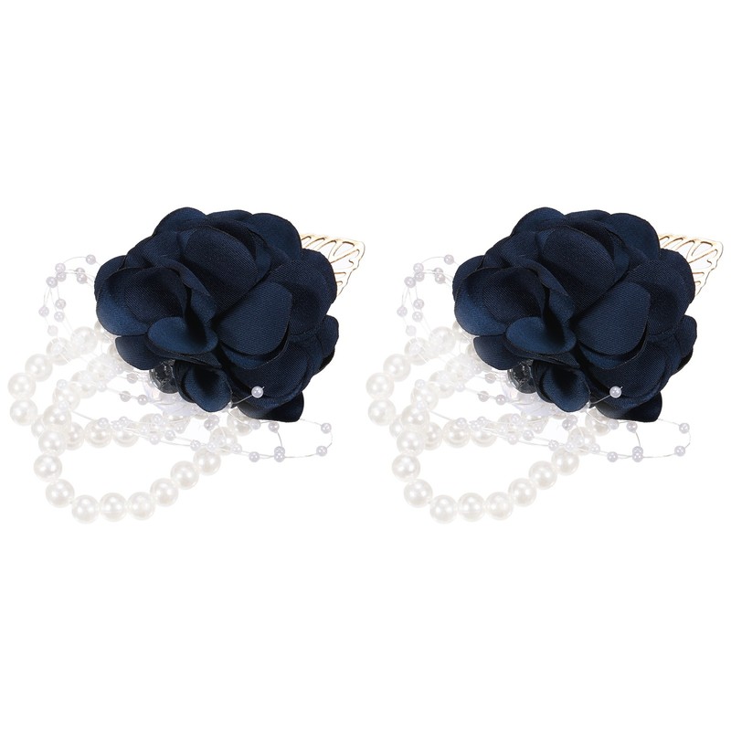2pcs Wrist Corsage Artificial Flower Bracelets Rose Decorative 9x7cm Navy Blue