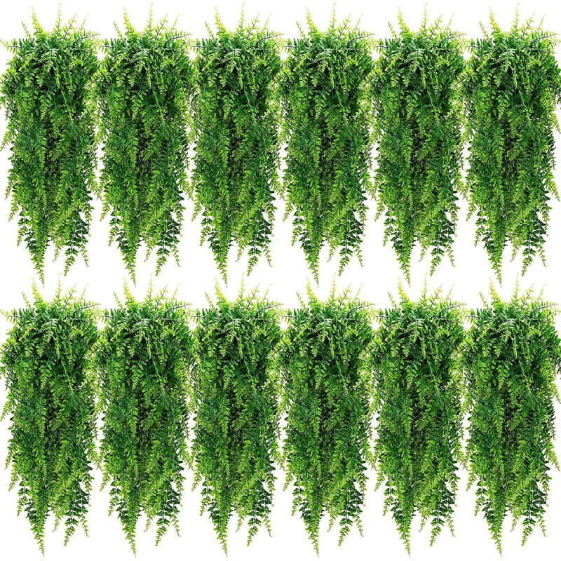 Geosar 12 Pcs Artificial Hanging Plants 32 Inch Hanging Boston Ferns Plastic