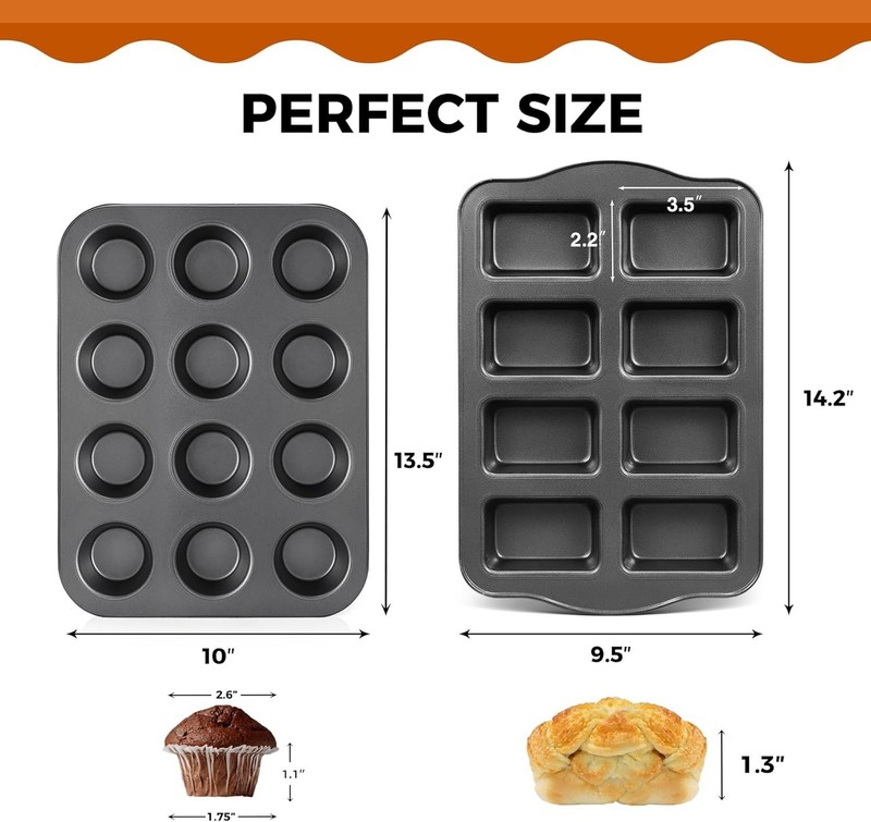 HONGBAKE Nonstick Muffin Pan 12 Cup and Mini Pan+Mini Loaf Pan, Gray gallery