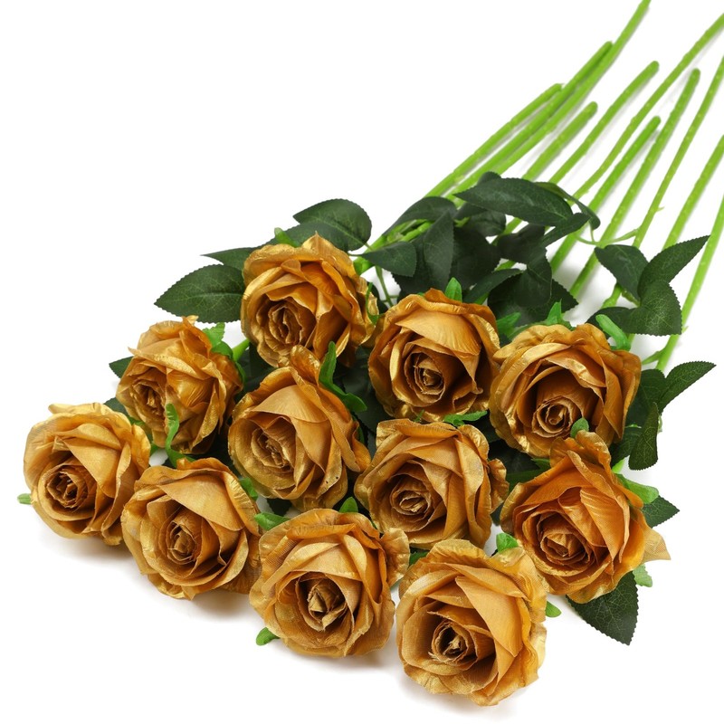 Florralia Gold Fake Roses Artificial Flowers – 10 Pcs Fake Artificial Roses
