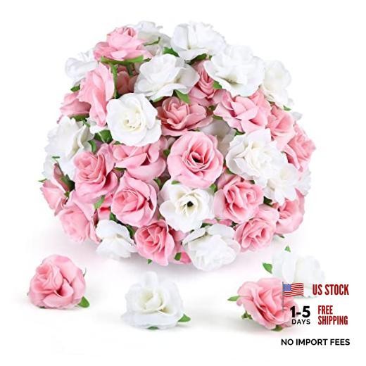 50pcs Mini Roses Artificial Flower Heads, 1.6” Small 1.57 Inch Pink and White